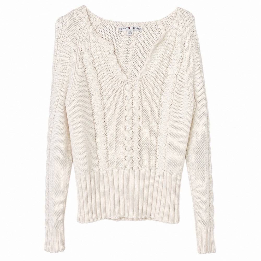 Tommy Hilfiger Fitted Cable Knit V Neck Pullover Ivory Cotton Sweater Women's L